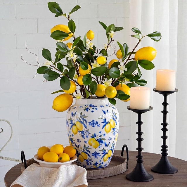 Rivvlive Capri Lemon Ceramic Vase with Artificial Lemons Branches 7.87inch Blue Tiles Yellow Lemon Vase 6 Head Faux Lemons with Stem Fake Fruit Themed for Kitchen Decoration Party Farmhouse Decor