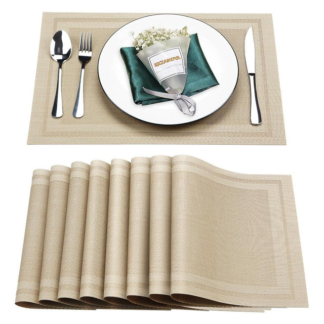 Bxzandya Placemats for Dining Table Set of 8,Non Slip， Heat and Stain Resistant Washable Indoor Placemats, Vinyl Woven Table Runner for Restaurant Table Protection, PVC Placemats. (Beige, 8PCS)
