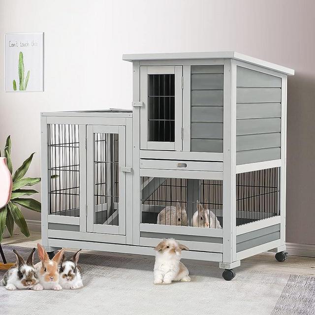 Esright Rabbit Hutch Pet House for Small Animals 37 inches Guinea Pig House Rabbit Cage with Run Bunny House Indoor 4 Casters Removable No Leak Trays & Ladder