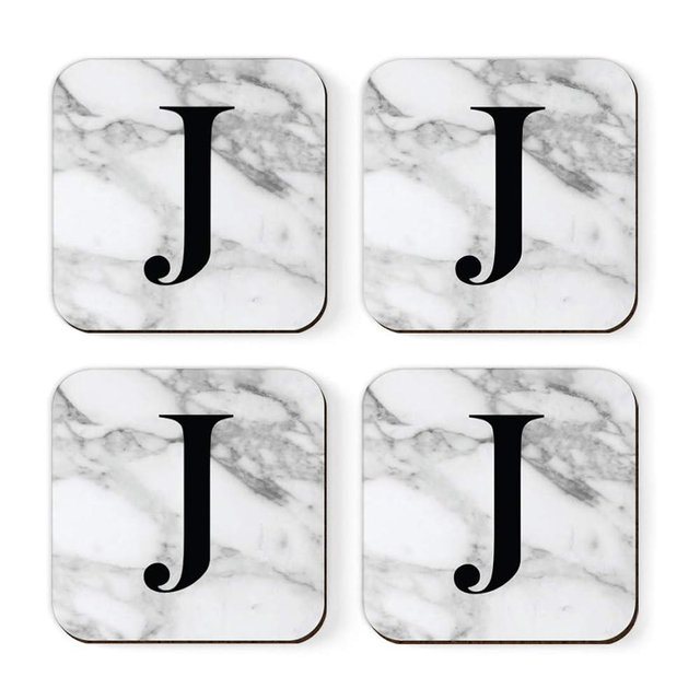 Andaz Press Square Coffee Drink Monogram Coasters Gift Set, Initial Letter J, Black Gray Marble, 4-Pack, Wedding Bridesmaid Groomsman Gifts, Housewarming Ideas