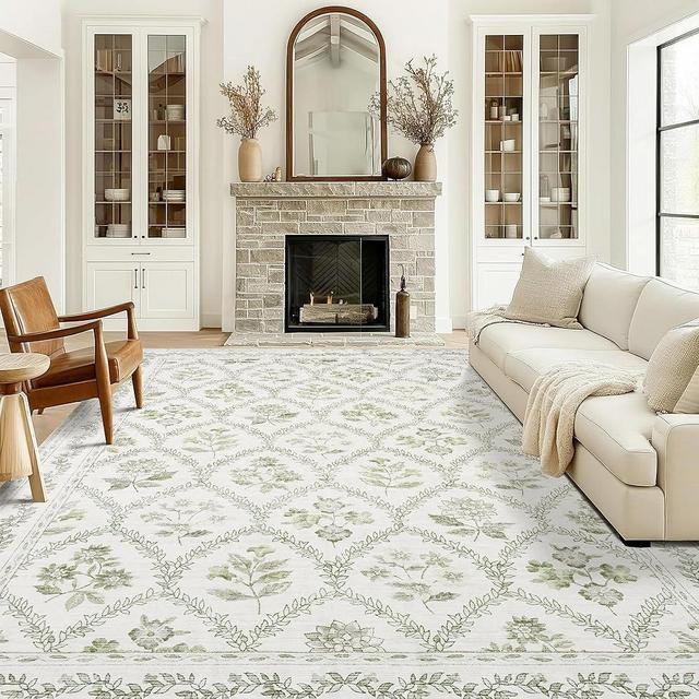 Sage Green and Cream Rug 9x12 Living Room Machine Washable Area Rugs Vintage Boho Farmhouse Floral Extra Large for Bedroom Non Slip Soft Faux Wool Carpet for Dining Room Playroom Floor Covering