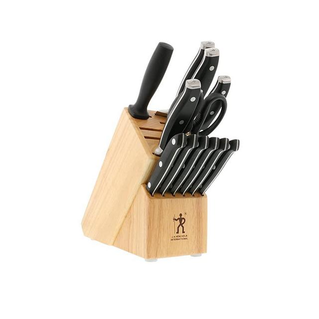 HENCKELS Forged Premio 13-Pc Knife Set with Block, Chef Knife, Paring Knife, Utility Knife, Steak Knife Set, Light Brown, Stainless Steel