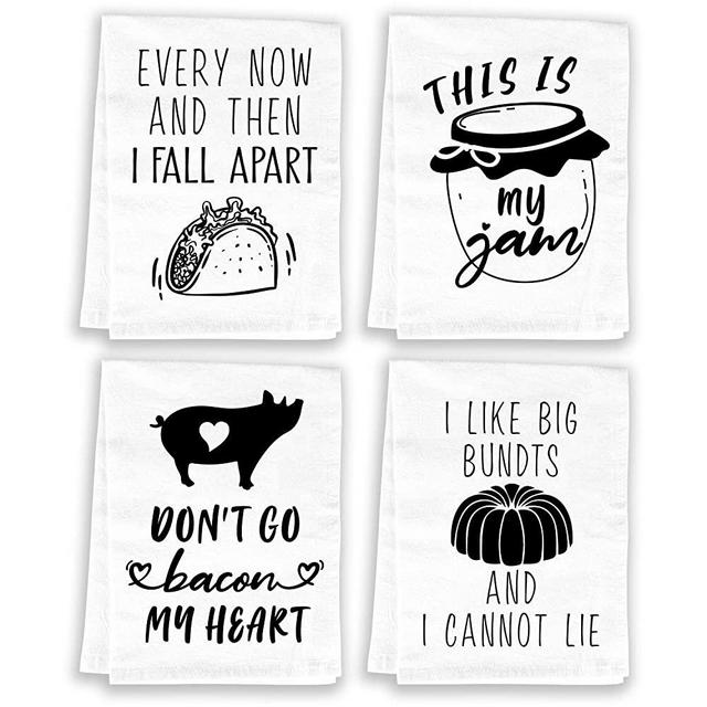 Funny Kitchen Towels and Dishcloths Sets of 4 - Cotton Dish Towels for Drying Dishes - Cute Decorative Miracu Hand Towels, Tea Towels, Flour Sack Towels, White - Birthday, Housewarming Gifts New Home