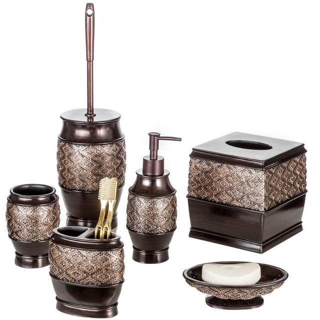 Creative Scents - Dublin 6-Piece Bathroom Accessories Set, Includes Decorative Countertop Soap Dispenser, Soap Dish, Tumbler, Toothbrush Holder, Tissue Box Cover and Toilet Bowl Brush (Brown)