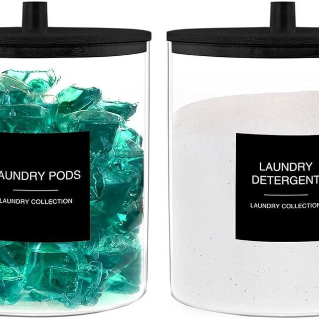 TIPGO Glass Jars for Laundry Room Organization, Laundry Pods Container with 27 Labels, Detergent Holder with Bamboo Lid, Cute Storage Jars, Black (Set of 2)