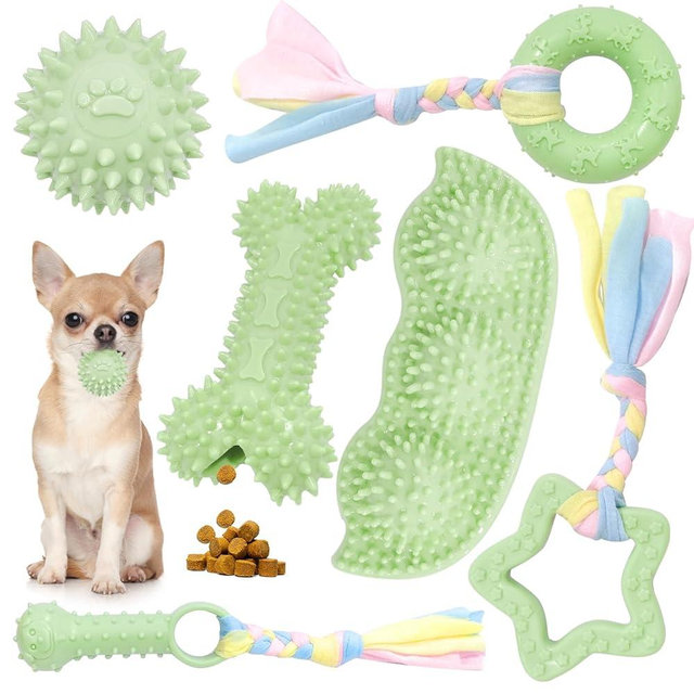 Petcare 6 Pack Small Dog Toys for Small Breed, Cute Green Puppy Teething Toys, Rubber Chew Toys, Essentials to Keep Them Busy, Best Pet Birthday Dog Toys