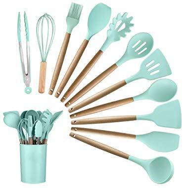 12PCS Kitchen Silicone Spatula Utensil Set Silicone Cooking Utensils Set Spatulas Silicone Heat Resistant Wooden Spoons Utensils Non-Stick for Cooking Kitchen Gadgets Tools