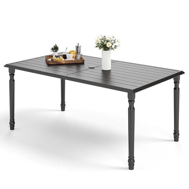 MFSTUDIO 60" Large Metal Outdoor Dining Table, Black Rectangle Patio Table Traditional Furniture with 1.77” Umbrella Hole for Deck,Backyard,Lawn,Garden