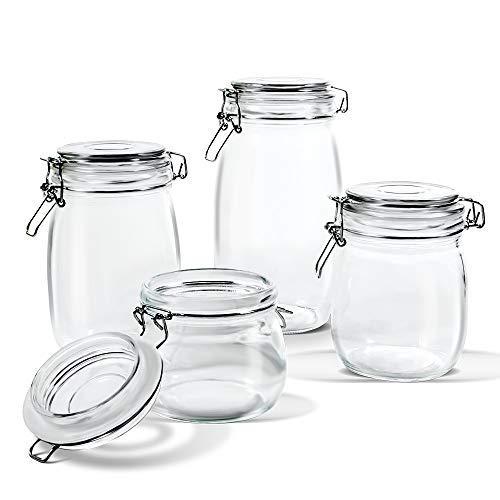 Glass Storage Jars with Airtight Hinged Lid Leak Proof Gasket Clear Canister for Oats Canning Cereal Pasta Sugar Coffee Nuts Spices Set of 4 Food Preserve Container Jars(15 PCS Food Storage Bags Included)