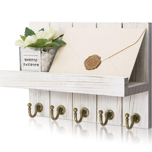 Rebee Vision Farmhouse Key Holder for Wall : Decorative Mail Organizer and Key Hooks Wall Mount - Elegant 5 Sturdy Key Hooks with Wooden Floating Shelf for Exclusive Designer Vintage Decor (Whitewash)