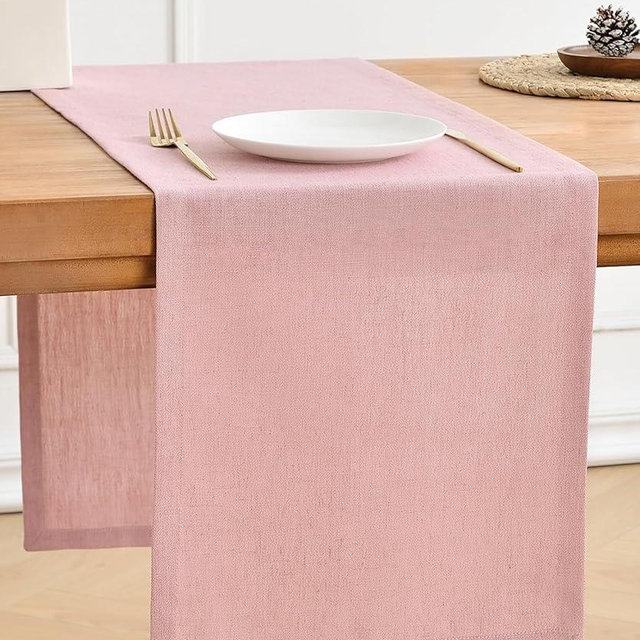 Wracra Linen Style Table Runner, Rustic Farmhouse Pink Table Runners 90 Inches Long, Handcrafted Table Runner for Fall, Winter - Everyday Use and Machine Washable