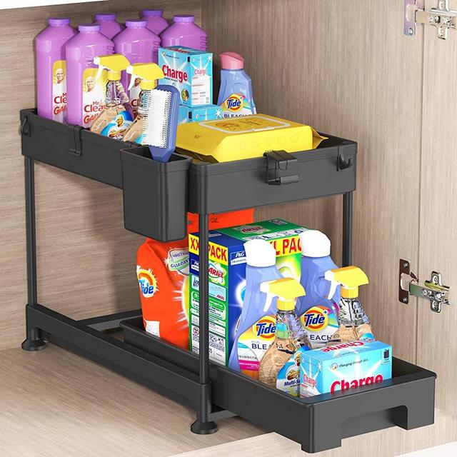 SPACEKEEPER Under Sink Organizer, Sliding Cabinet Basket Organizer 2 Tier Under Bathroom Storage Rack with Hooks, Hanging Cup, Dividers, Multi-purpose Storage Shelf for Bathroom Kitchen, Black