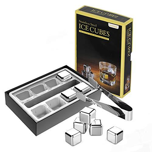 Kollea Stainless Steel Pack of 8 Reusable Ice Cubes Chilling Stones with Tongs & Freezer Storage Tray for Whiskey Wine