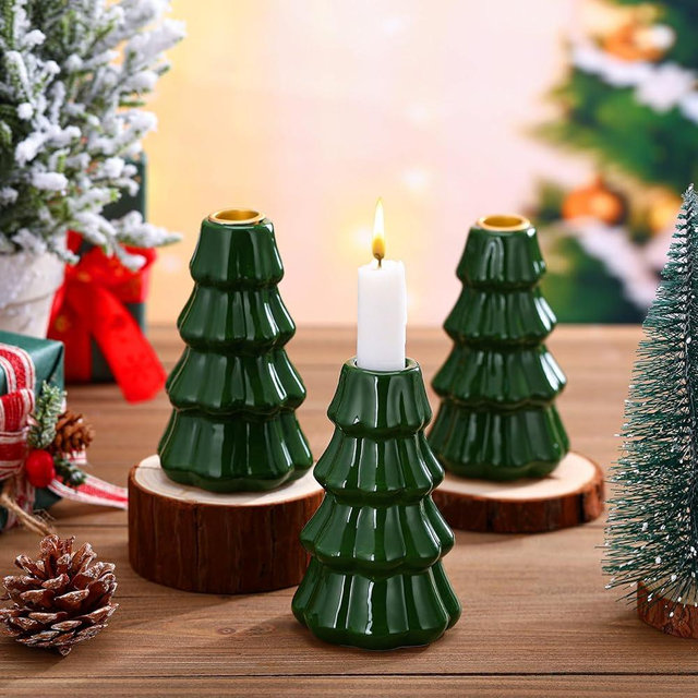 Mumufy 3 Pcs Ceramic Christmas Tree Candle Holder Decor Green Christmas Tree Tabletop Decoration Vintage Decorative Porcelain Taper Candlestick for Winter Holiday Farmhouse Fireplace Centerpiece Decor