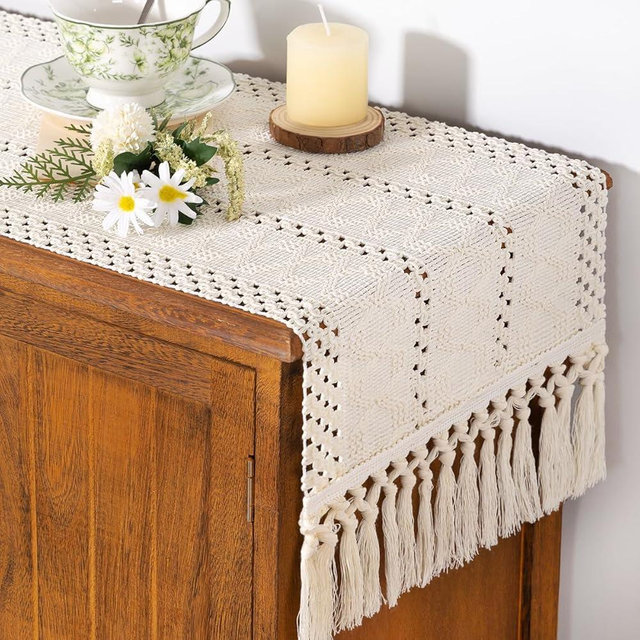 Socomi Boho Table Runner Summer Farmhouse Rustic Dining Kitchen Centerpiece Decor Small Macrame Woven Cotton Linen Coffee Table Runner for Dresser Scarf Home Decor 12x60 inch Cream Ivory