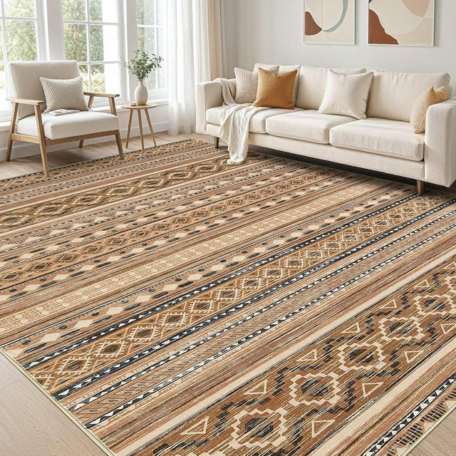 Large Living Room Area Rug 5x7: Soft Machine Washable Boho Moroccan Farmhouse Rugs for Bedroom Under Dining Table - Non-Slip Neutral Morden Indoor Floor Rug Carpet for Home Office Decor - Brown/Beige
