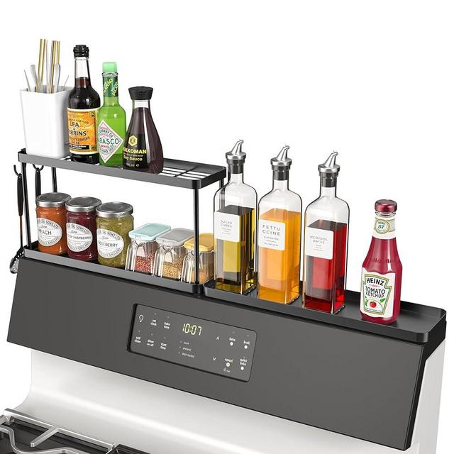 JSVER Stove Top Shelf 2 Tier 15-30" Magnetic Spice Shelf & Single Tier Shelf with 2 Hooks Space Saving Stove Spice Rack for Holding Spices Jars Bottle, Home Kitchen Storage(Fit for Flat Top)