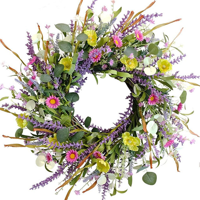 Idyllic 20 Inch Spring Summer Wild Flower Artificial Daisy Front Door Wreath, Everyday Greenery Eucalyptus Leaves for Indoor and Outdoor Use, Rustic Farmhouse Style Home Wreath Decor