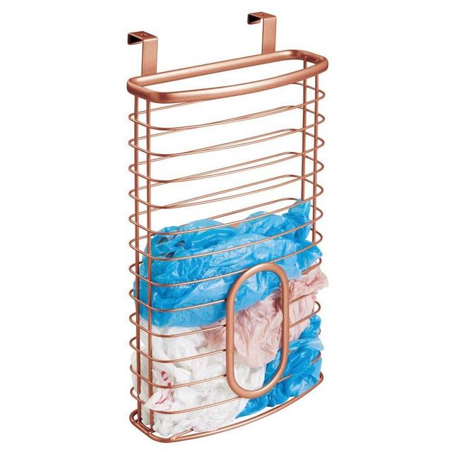 mDesign Metal Over Cabinet Kitchen Storage Organizer Holder or Basket - Hang Over Cabinet Doors in Kitchen/Pantry - Holds up to 50 Plastic Shopping Bags - Copper