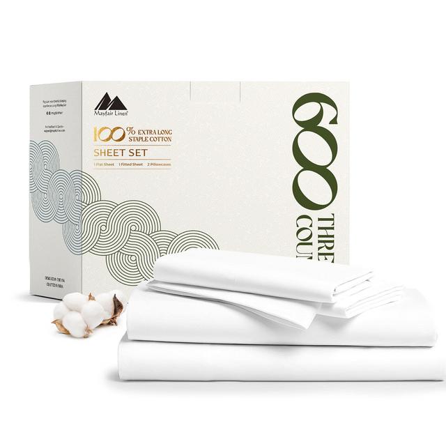 Mayfair Linen 100% Egyptian Cotton Sheets, White King Sheets Set, 600 Thread Count Long Staple Cotton, Sateen Weave for Soft and Silky Feel, Fits Mattress Upto 18'' DEEP Pocket