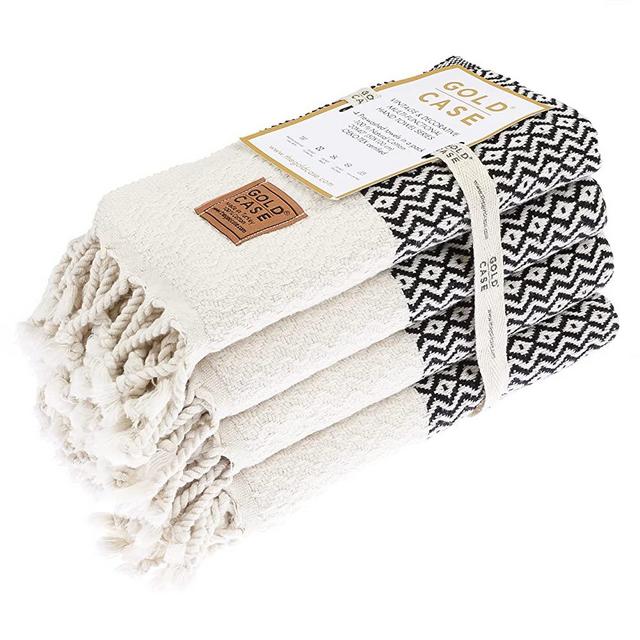 Zeus Original Turkish Hand Towels by GOLD CASE - Set of 4 - 20x40 100% Cotton Decorative Towel - Bathroom and Kitchen Peshtemal for Hand, Face, Hair, Farmhouse, Yoga, Gym, Tea and Dishcloth, Black
