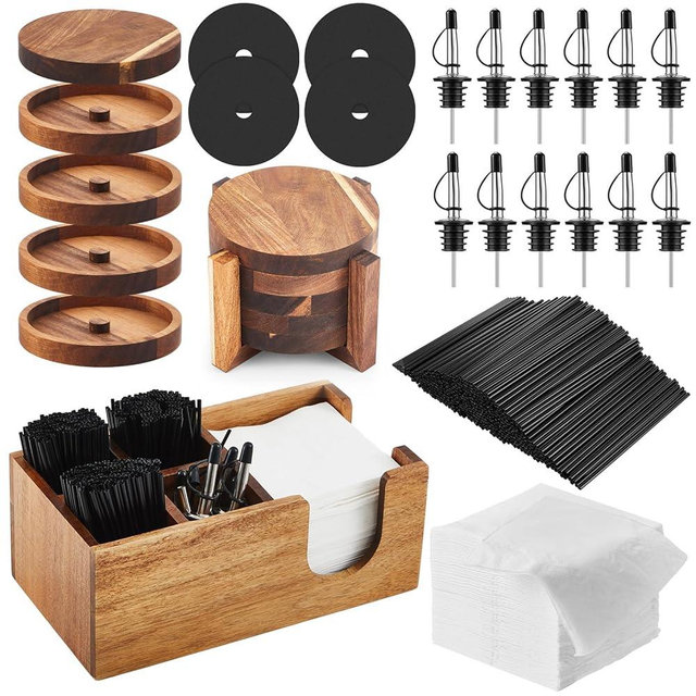 Mifoci 5 Tier Multifunctional Acacia Wood Bar Glass Rimmer Bartender Tool with 12 Pcs Stainless Steel Classic Bottle Pourer Bar Caddy with 6 Compartment 1000 Pcs Coffee Cocktail Stirrers 200 Napkins
