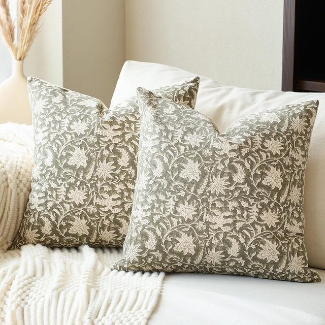 FIOUOVO Floral Throw Pillow Covers 20x20 Farmhouse Block Print Pillow Covers Decorative Pillow Covers Couch Pillows for Living Room Vintage Accent Sofa Pillows Set of 2, Olive Green