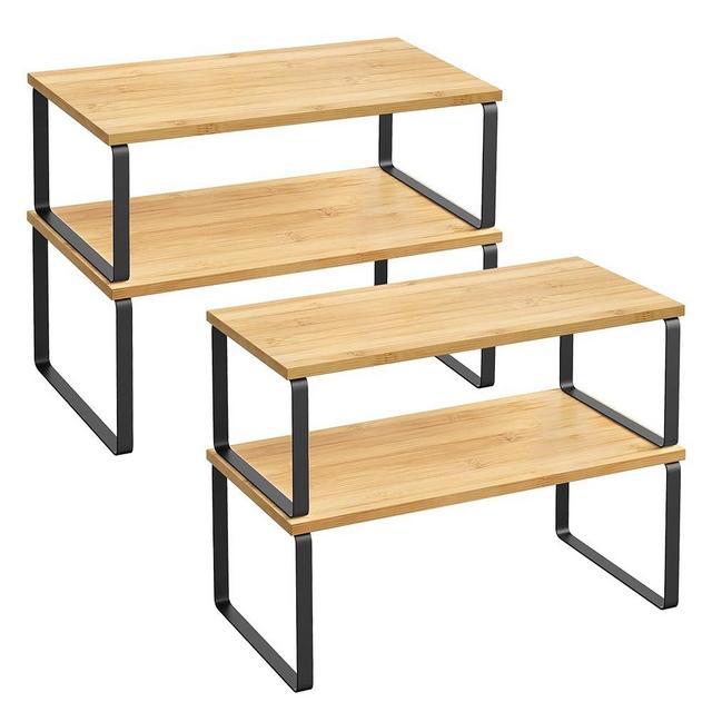 SONGMICS Spice Rack, Cabinet Organizer Shelf, Set of 4 Kitchen Counter Shelves, Kitchen Storage, Stackable, Expandable, Metal and Engineered Wood, Black and Natural UKCS210B01