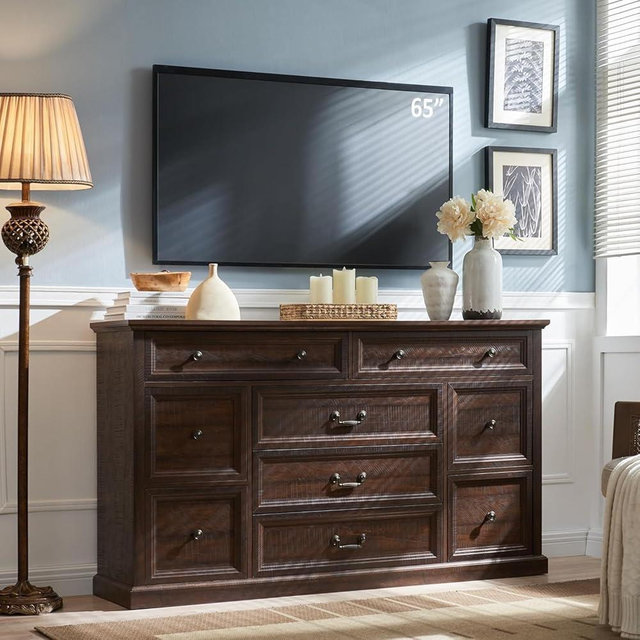 IFGET Farmhouse 9 Drawers Dresser for Bedroom, 60" Wide Wood Rustic Chest of Drawers, Large Storage Dressers Organizer for Bedroom, Living Room, Hallway, Dining Room-Brown