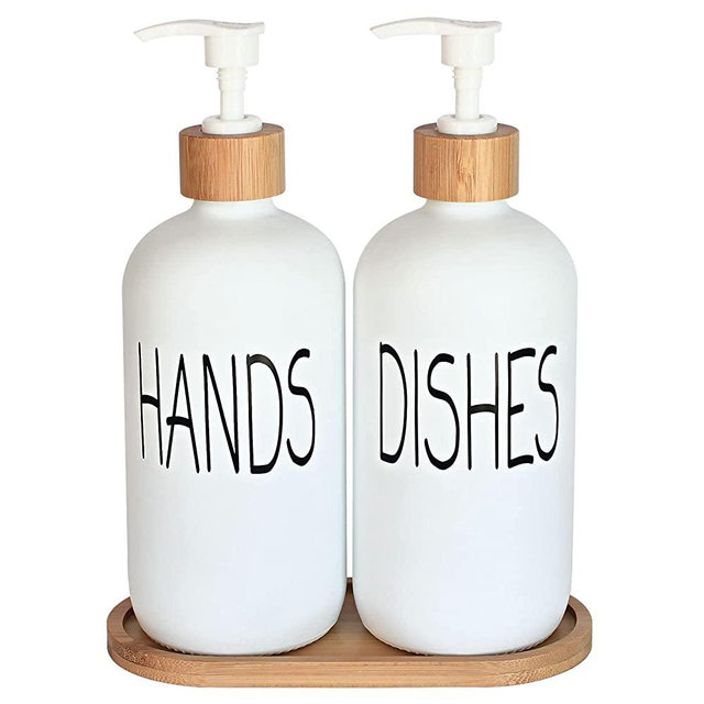 Glass Soap Dispenser Set. Hand Soap and Dish Soap Dispenser with Bamboo Tray. Vintage Soap Dispenser with Pump for Kitchen Sink and Bathroom. Stylish Permanent Labels (Matte White)
