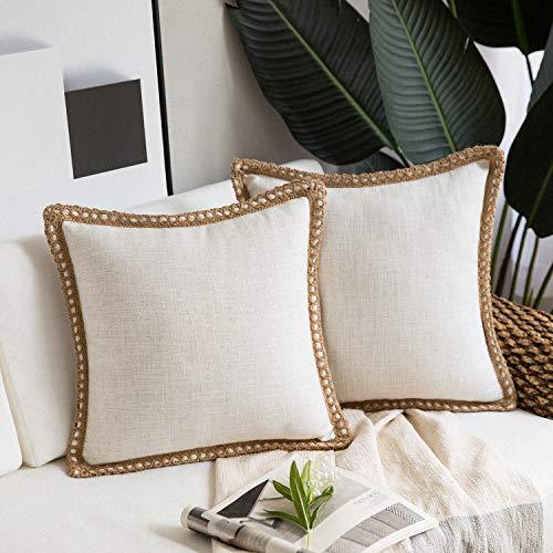 Phantoscope Pack of 2 Farmhouse Decorative Throw Pillow Covers Burlap Linen Trimmed Tailored Edges Off White 20 x 20 inches, 50 x 50 cm