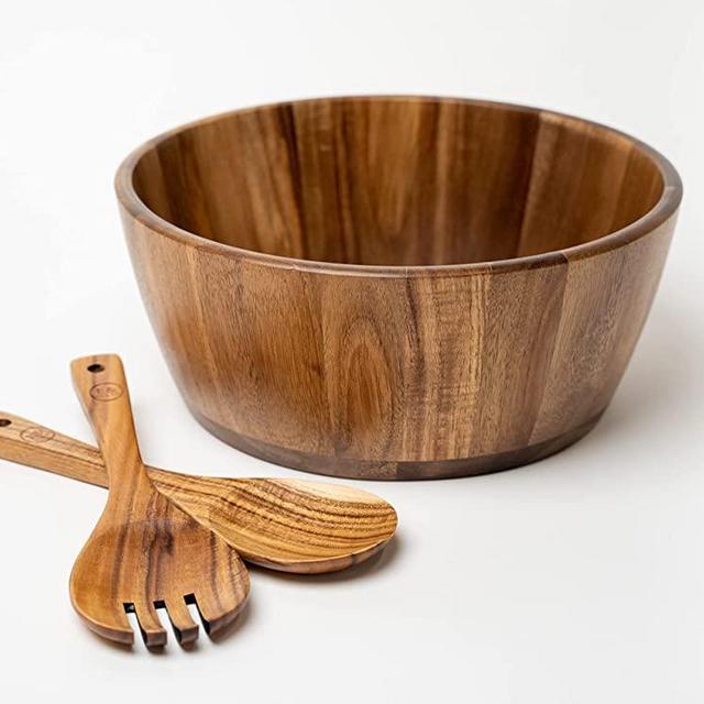 E&WES CO Large Solid Wood Salad Bowl Set 12-Inch Diameter With Wooden Utensils Spoon And Fork - Bowls Great For Mixing