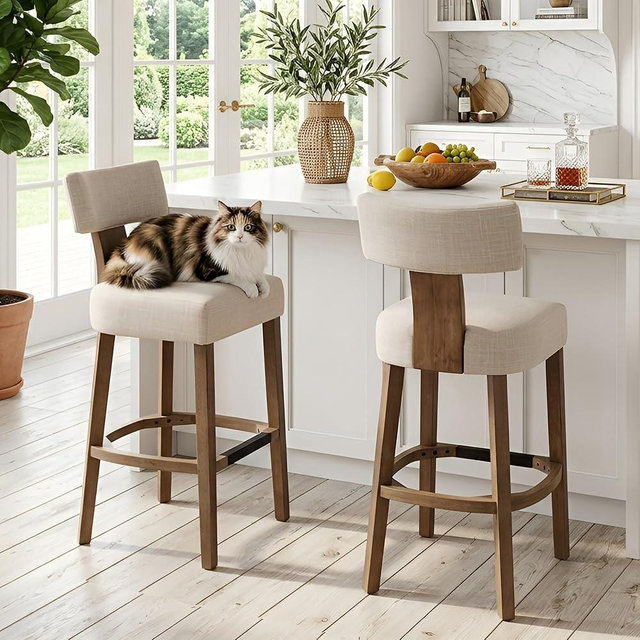 Farmhouse 30'' Extra Tall Bar Stools Set of 2 Modern Counter Height Barstools with Backs Rustic Wood Bar Stools Linen Upholstered Counter Chairs Kitchen Island Stool Chairs with Wood Frame, Beige
