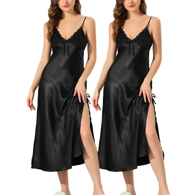 cheibear Women's 2 Packs Satin Spaghetti Strap Nightdress Maxi Pajama Dress 2packs Black Large