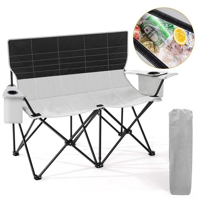 Double Camping Chair with Cooler Bag, Oversized Loveseat 2 Person Camping Couch,Outdoor Folding Lawn Chair for Adults with Cup Holder,Support 530 lbs for Outside Sports Picnic Beach Travel,Black