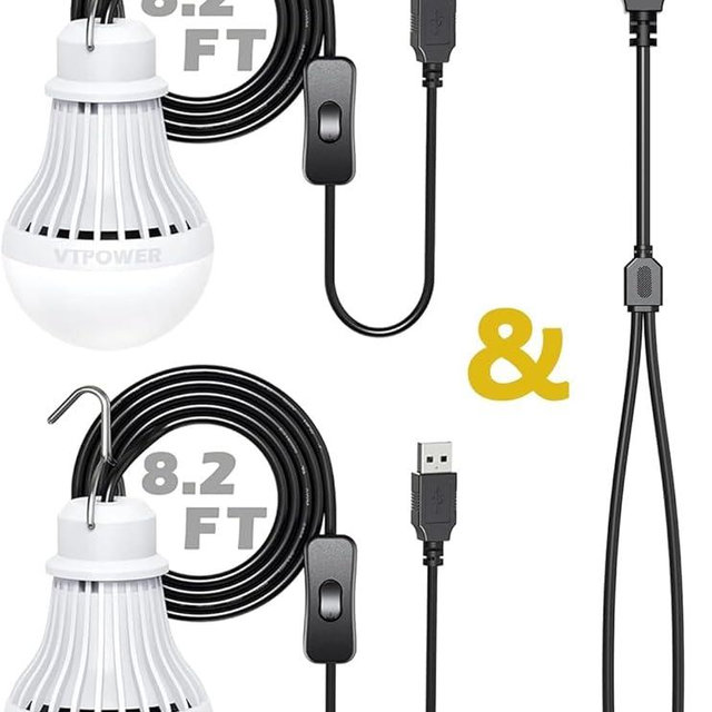 2 Pack USB Light Bulb, USB LED Camping Light Lantern, 8.2 ft Extra Length Cord Tent Light with USB Y-Cable, Portable LED Bulb for Garage Warehouse Car Truck Fishing Boat Room Emergency Light, White