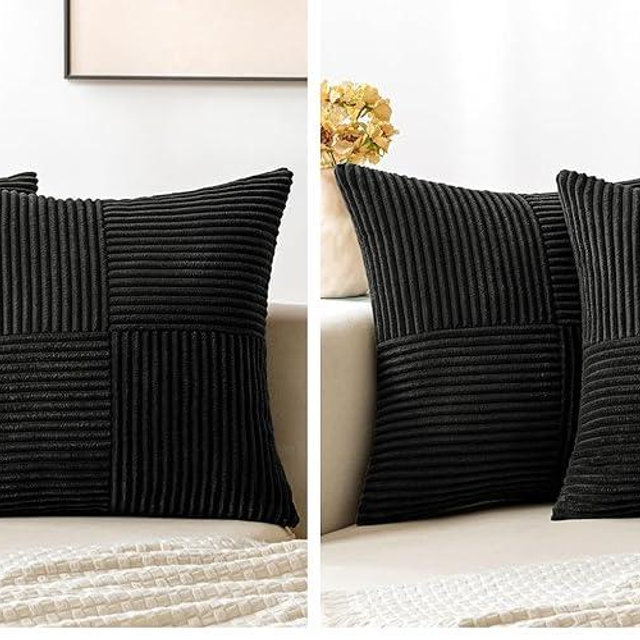 MIULEE Black Decorative Throw Pillow Covers 18x18 Inch for Couch Bed Sofa Pack of 4 Boho Farmhouse Throw Pillows Soft Cross Corduroy Patchwork Textured Cushion Cases