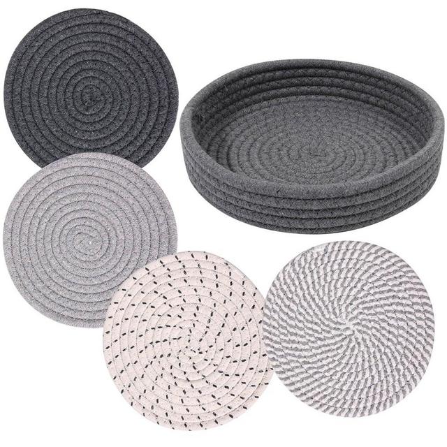7" Hot Mats for Pots and Pans, 4 Woven Trivets with Storage Basket for Hot Dishes, Pot Holders for Kitchen, Tabletop Accessories for Counter Heat Resistant