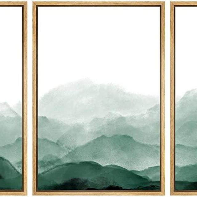 SIGNWIN Framed Canvas Print Wall Art Green Watercolor Mountains in Fog Nature Wilderness Illustrations Modern Art Rustic Scenic Relax/Calm Cool for Living Room, Bedroom, Office - 24"x36"x3 Natural