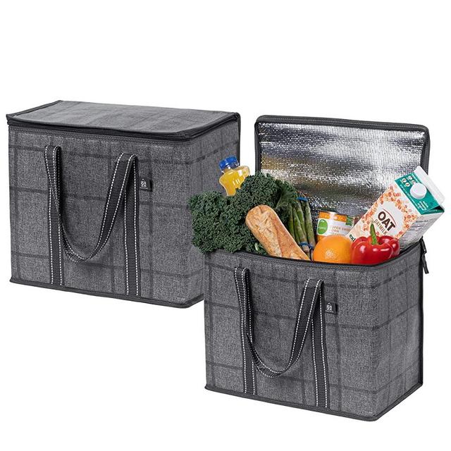 2 Pack Insulated Reusable Grocery Bag With Cardboard Bottom by VENO, Durable, Heavy Duty, Large Size, Stands Upright, Collapsible, Sturdy Zipper, Recycled Material, Eco-Friendly (Black/Windowpane)