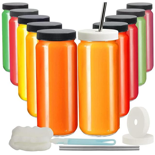 16oz 10 Pack Juice Bottles, RUCKAE Glass Bottles Juicing Bottles with Lids, Smoothie Cup with Lids and Straws, Glass Water Bottle Mason Jar Drinking Glasses for Juicing, Smoothies, Kombucha