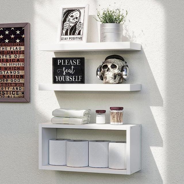 RICHER HOUSE White Floating Shelves Set of 3, Modern Bathroom Shelves Wall Mounted Shelves with Invisible Brackets Over Toilet, White Wall Shelves for Bathroom Bedroom, Living Room, Kitchen - White