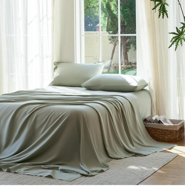 DOZ Sheet Set, 100% Viscose derived from Bamboo, Organically Grown, Buttery Soft, Cooling Sheets, High GSM, Deep Pockets - 4 Piece - 2 Pillowcases 1 Fitted 1 Top Sheet (Sage, Queen)