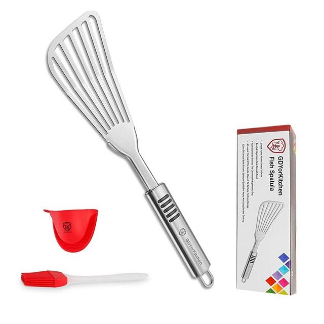 Fish Spatula - Stainless Steel Slotted Turner with Durable 1.2mm Thickness Blade for Fish/Egg/Meat/Dumpling Turning, Flipping, Frying and Grilling, Free Silicone Brush and Bonus Oven Mitt - Set of 1