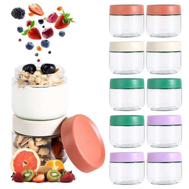 Hoa Kinh 9oz 12Pack Overnight Oats Jars with Lids, Leak Proof Small Jars for Overnight Oats, Cereal, Clear Empty Glass Jar with Lids for Kitchen(Red, Green, Purple and White)