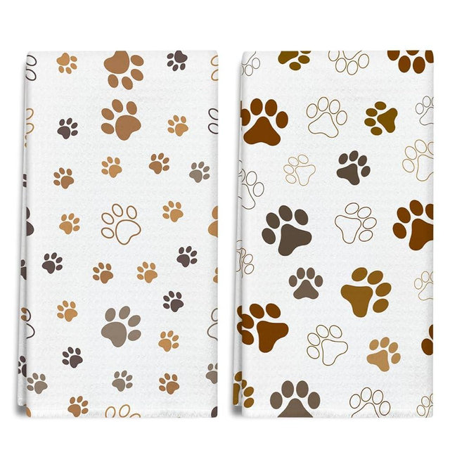 TRKAE Brown and White Dog Paw Print Kitchen Towels and Dishcloths Set of 2, Cute Decorative Hand Towel Drying Cloth for Bathroom, Gifts for Dog Lovers, Hostess, Women, 16x24 Inches -20