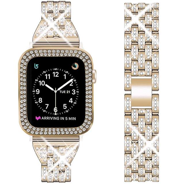 DSYTOM Compatible Apple Watch Band 42mm with Case Women,Rhinestone Metal Jewelry Wristband Strap with Bling PC Protective Case Replacement for iWatch Series 6 5 4(Champagne Gold)