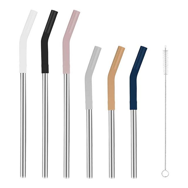 Tronco Set of 6 Stainless Steel Reusable Metal Straws with Silicone Flex Tips Elbows Cover, Metal Drinking Straws for Tronco Tumbler,3 long/ 3 short Straw, 6 Silicone Tips, 1 Straw Cleaning Brush