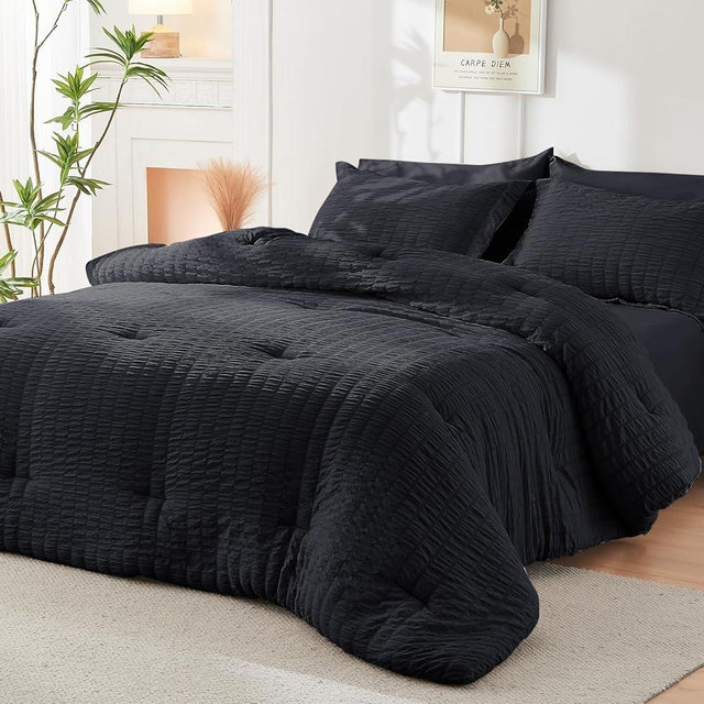 HYMOKEGE Black King Size Comforter Set Seersucker 7 Pieces, All Season Luxury Bed in a Bag for Bedroom, Bedding Set with Comforters, Sheets, Pillowcases & Shams