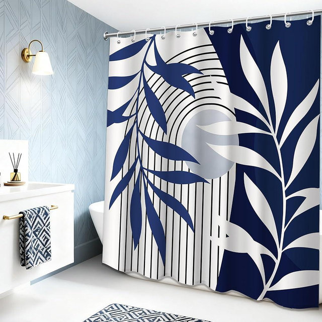 DLTAY Navy Blue Shower Curtain Boho Mid Century Modern Blue and White Shower Curtain for Bathroom Decor Sets, Waterproof Fabric with Hooks, 70" W x 72" L